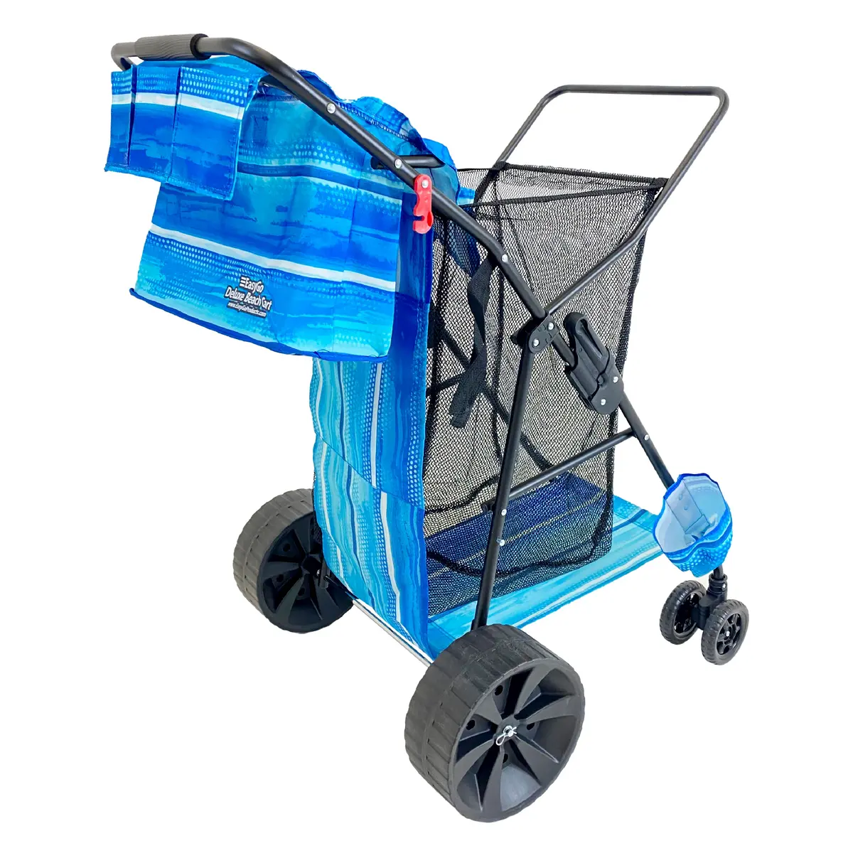 Easygo Product Beach Cart Deluxe – Heavy Duty Folding Cart Beach Wagon Design – Large Sand Wheels – Holds 4 Beach Chairs – Storage Pouch-Beach Umbrella Holder–Removable Beach Bag - Striped Pattern 1
