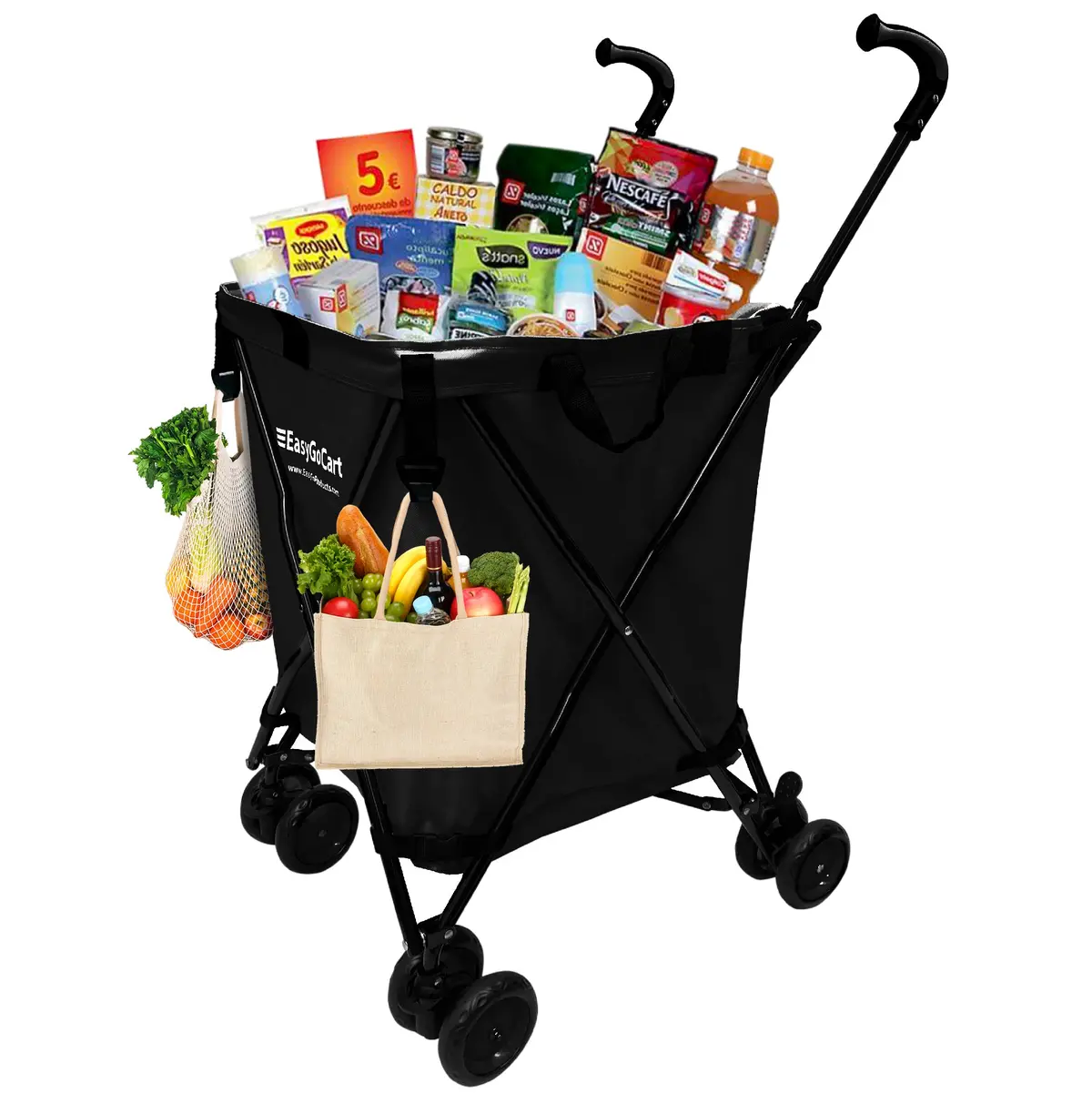 Easygo Cart Folding Grocery Shopping And Laundry Utility Cart – Removable Water-Resistant Canvas Bag - Front Locking Swivel Wheels – Rear Brakes - Easy Folding - 120Lbs Capacity – Copyrighted – Black 1