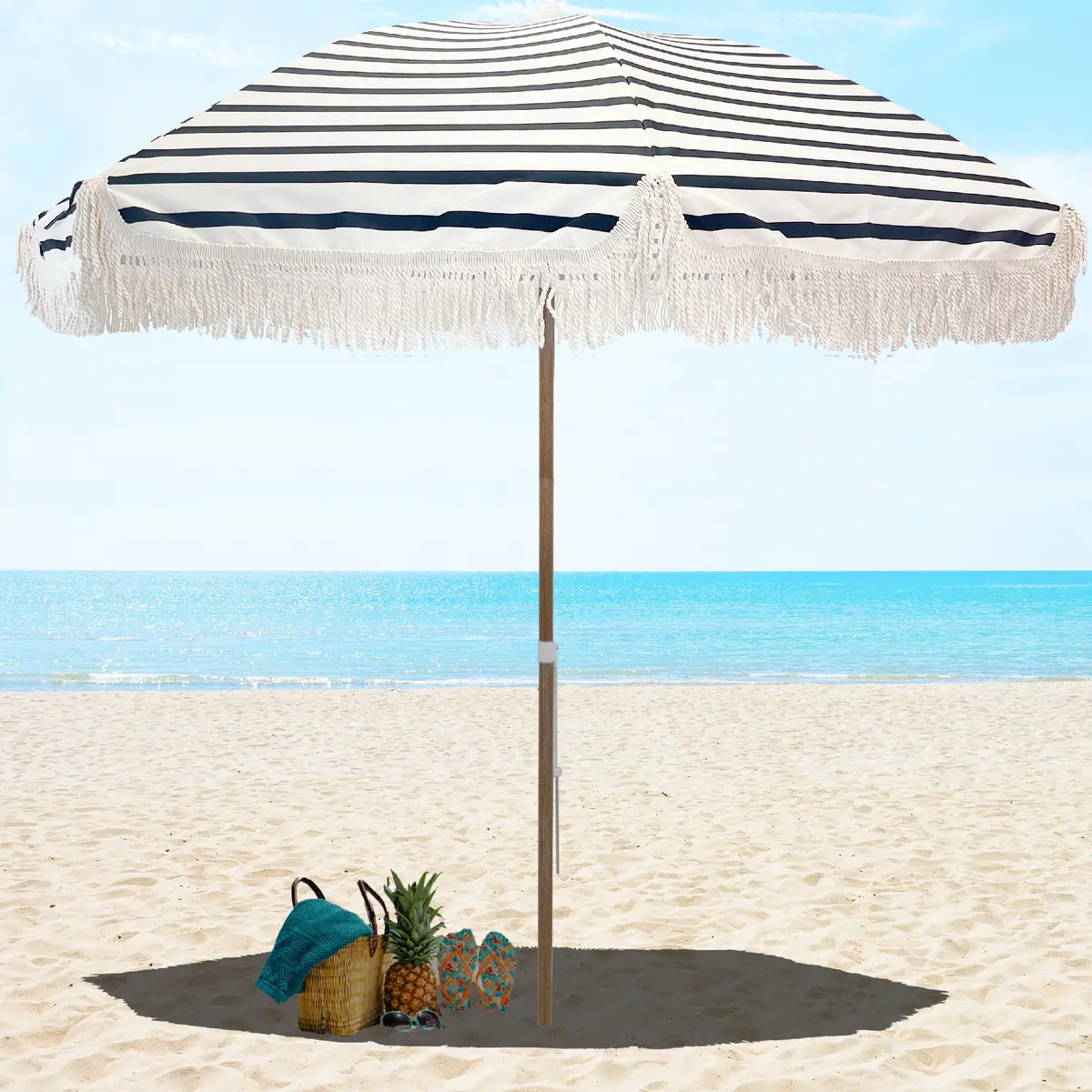 Tassel Beach Umbrella 7 Foot – Designer Umbrella Fringed Tassels – Wood Grain Steel Pole – Tilt Function – Ground Stake - Upf 50+ Uv Sun Protection - Exotic Tan Color Striped – Carry Bag 1