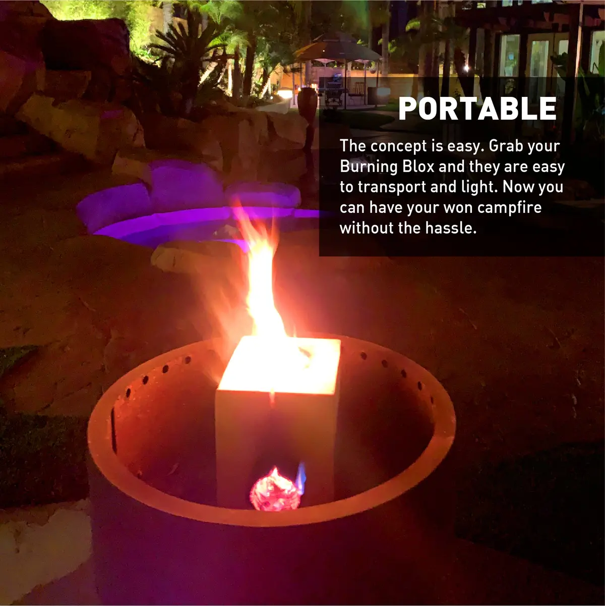 Burning Blox Campfire Bonfire Firewood – Easy Light – Easy Clean-Up – Great For Camping, Beach And Cooking – Burns From Inside Out – 8” X 8” X 8” – Burns 2 Hours - Bonus 2 Fatwood Starters – Qty 1 2