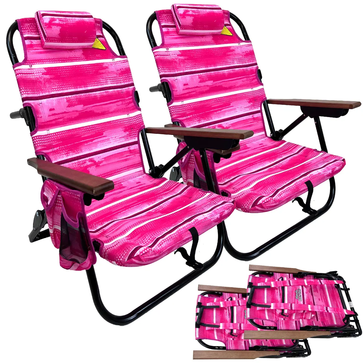 Backpack Beach Chair - 5 Positions And Lays Flat – Deluxe Wood Arm Rests – Cup Holder Storage Pouch On Side - Padded Pillow - Storage Bag On Back – Lightweight Rustproof Aluminum – 2 Pack Pink Stripes 1