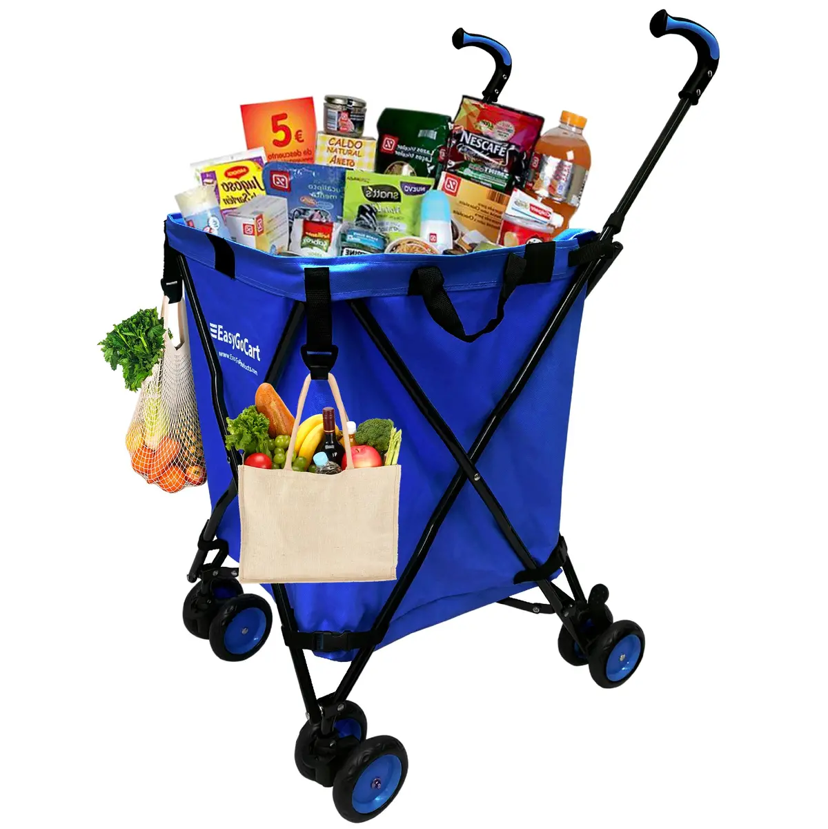 Easygo Cart Folding Grocery Shopping And Laundry Utility Cart – Removable Water-Resistant Canvas Bag - Front Locking Swivel Wheels – Rear Brakes - Easy Folding - 120Lbs Capacity – Copyrighted – Blue 1