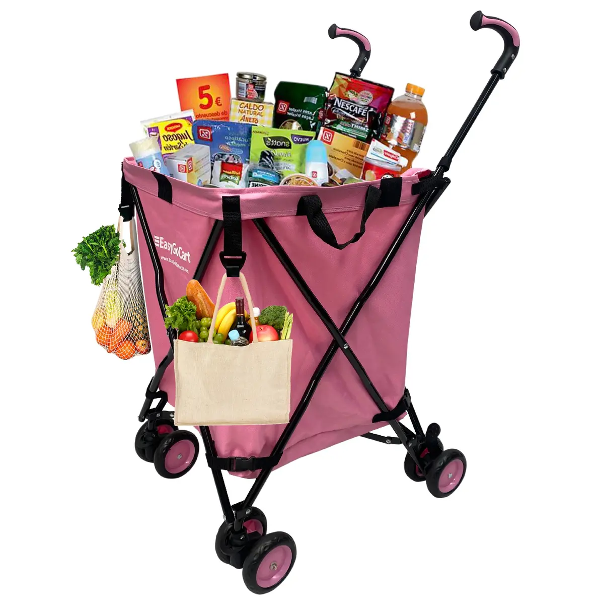 Easygo Cart Folding Grocery Shopping And Laundry Utility Cart – Removable Water-Resistant Canvas Bag - Front Locking Swivel Wheels – Rear Brakes - Easy Folding - 120Lbs Capacity – Copyrighted – Pink 1