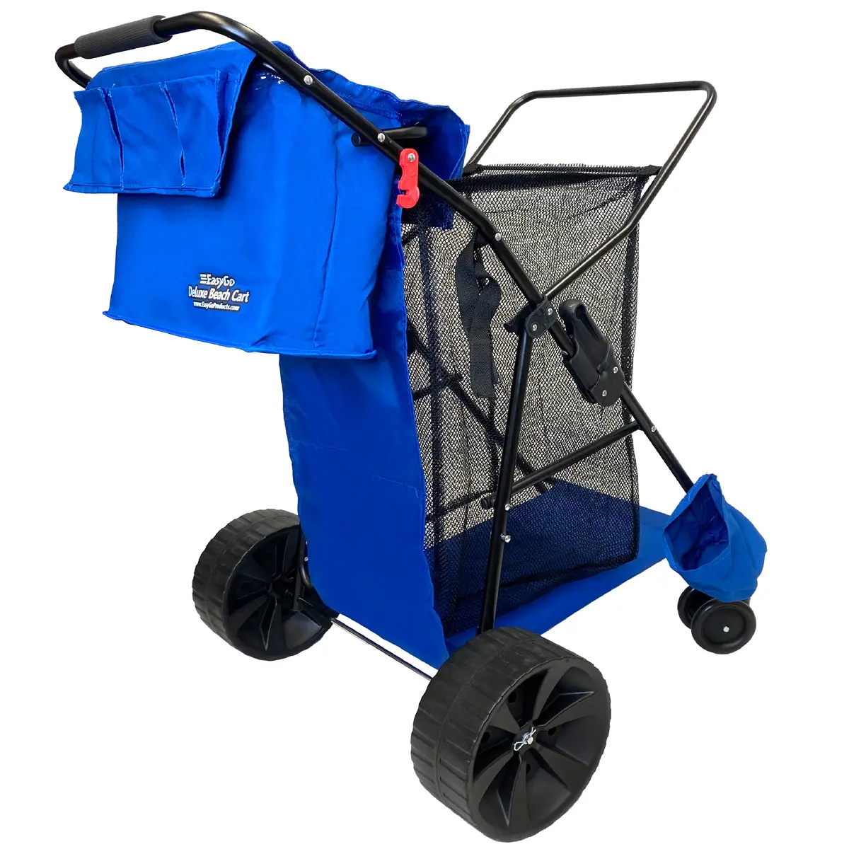 Easygo Beach Cart Deluxe–Heavy Duty Folding Design–Large Wheels For Sand–Holds 4 Beach Chairs–Storage Pouch-Beach Umbrella Holder–Removable Beach Bag-Solid Blue 1