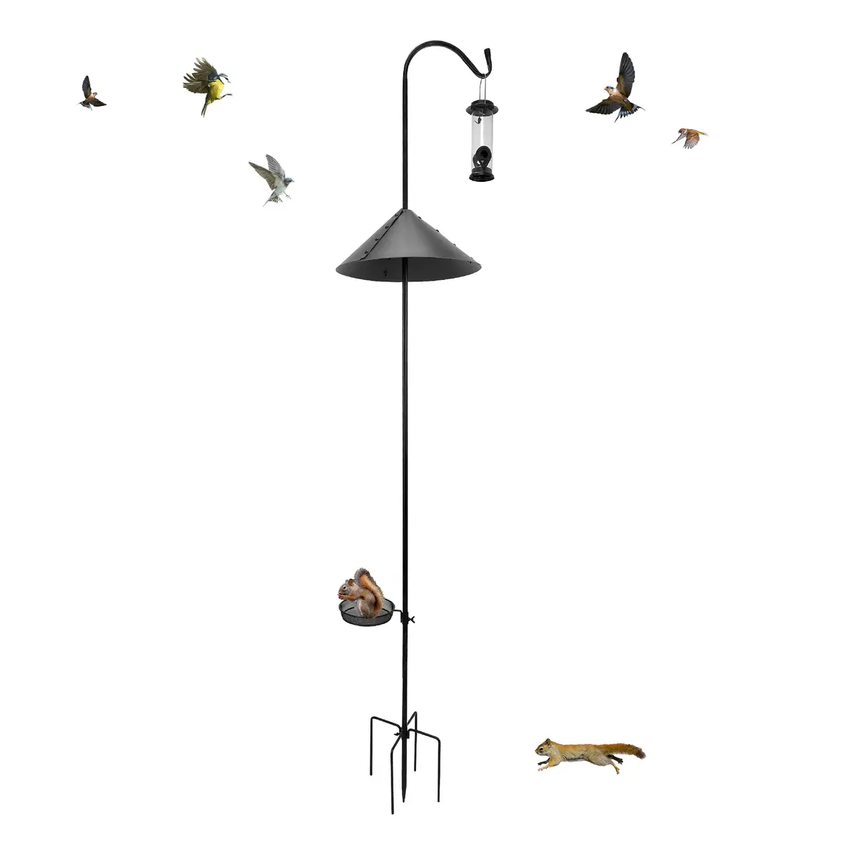 Easygo Product Shepherd Hook Squirrel Proof Bird Feeder – Wild Bird Station - Powder Coated 90 Inch Steel Pole – Squirrel Baffle – 1 Bird Feeder – 1 Squirrel Peanut Feeder - 5 Prong Base – Patents Pending 1