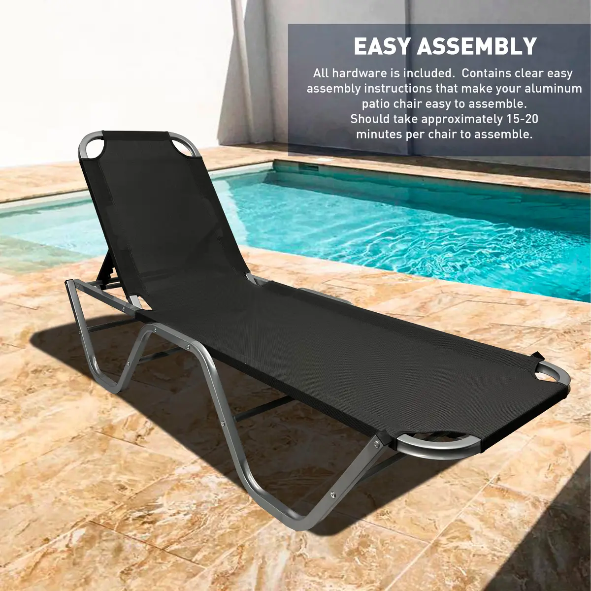 Easygo Product Chaise Lounger – Aluminum Sun Lounge Chair – Adjustable Outdoor Patio Beach Porch Swing Pool-Five-Position Recliner-Lightweight All Weather, 1 Pack Black 2